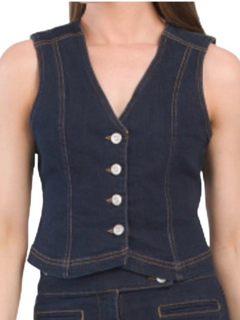 Avec Les Filles Western Jean Denim Vest Button Down Dark Wash Gold Trim XSmall